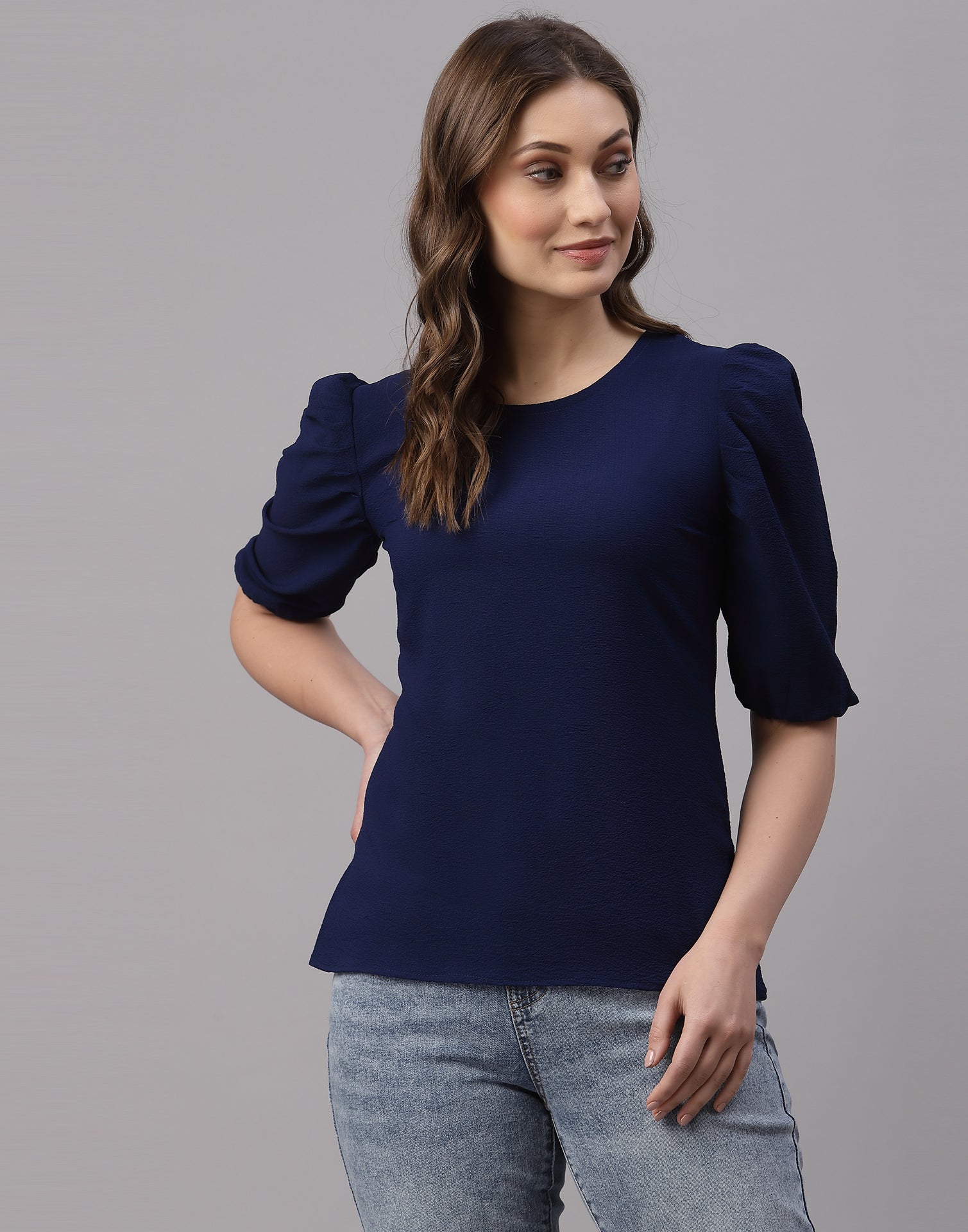Navy Blue Puff Sleeve Top