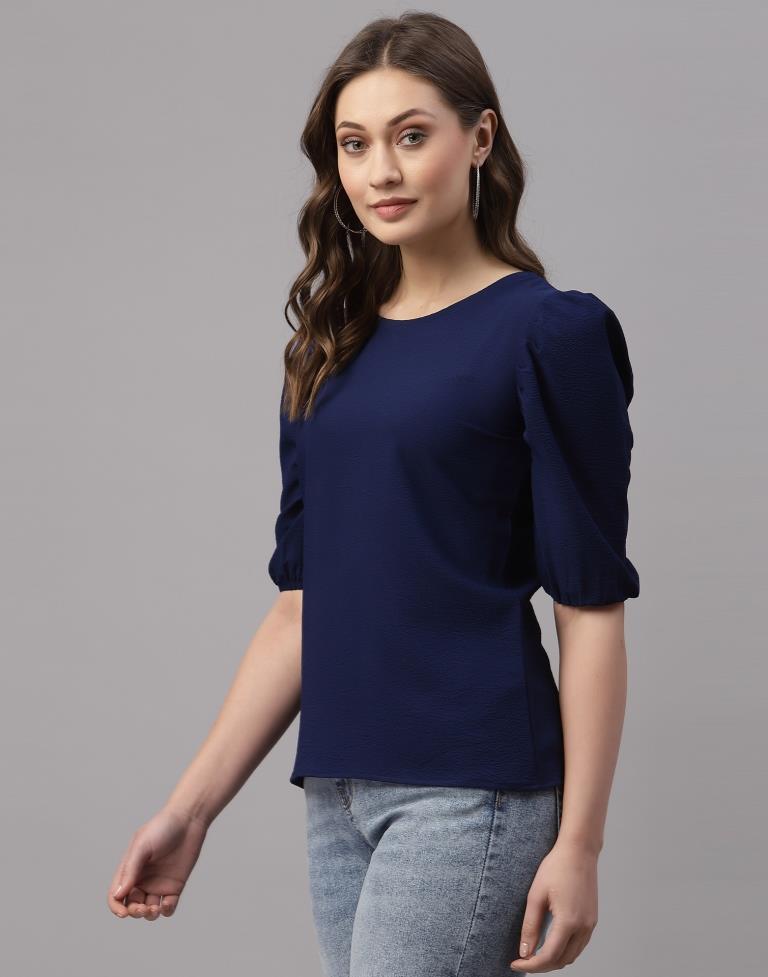 Navy Blue Puff Sleeve Top