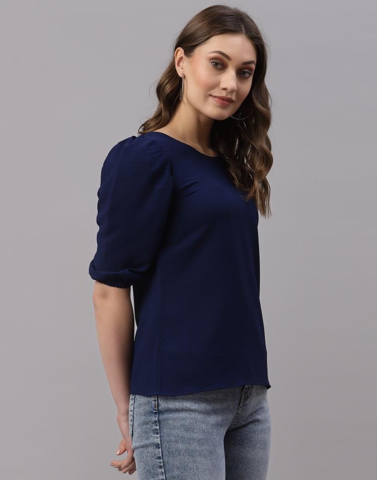 Navy Blue Puff Sleeve Top