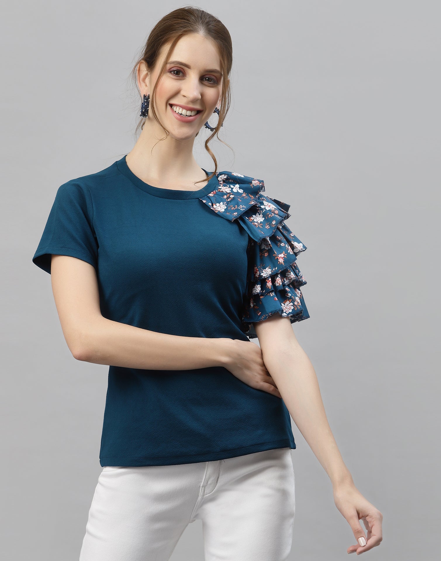 Teal One Side Ruffled Sleeve Top