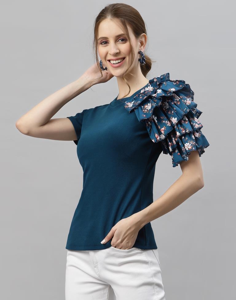 Teal One Side Ruffled Sleeve Top