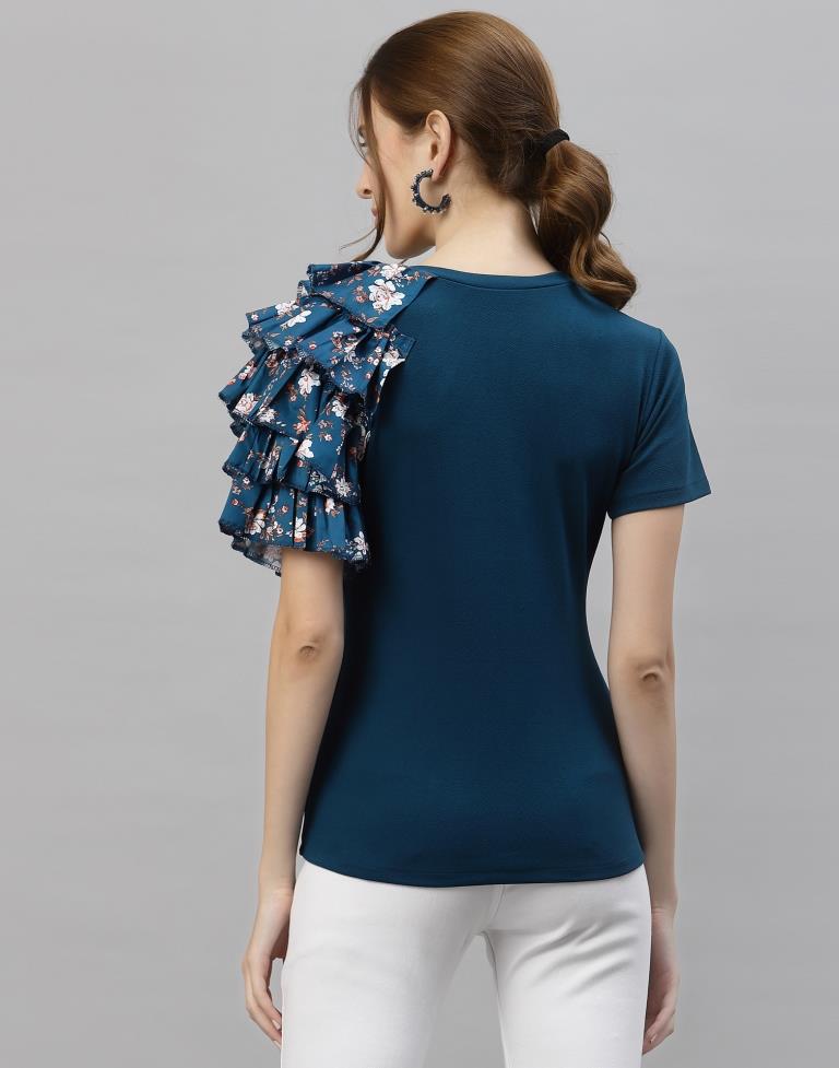 Teal One Side Ruffled Sleeve Top
