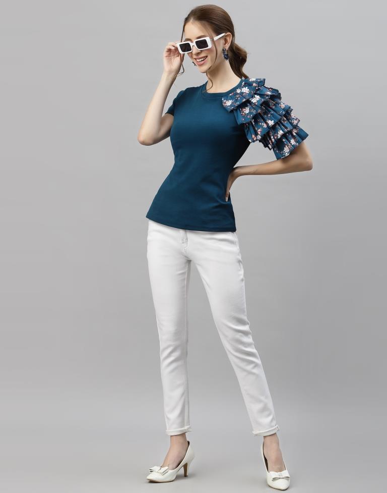Teal One Side Ruffled Sleeve Top