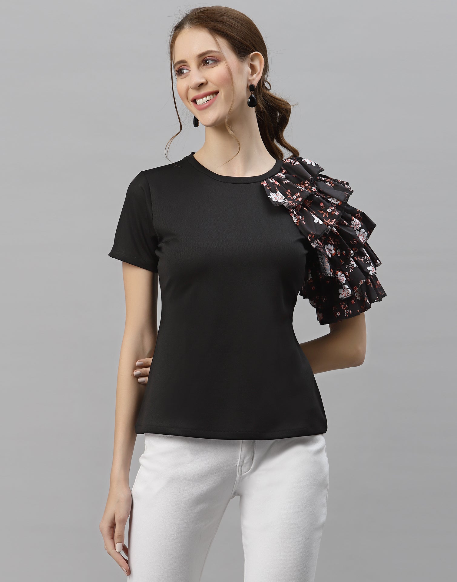 Black One Side Ruffled Sleeve Top
