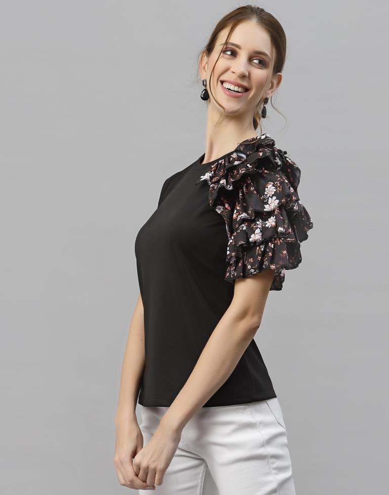 Black One Side Ruffled Sleeve Top