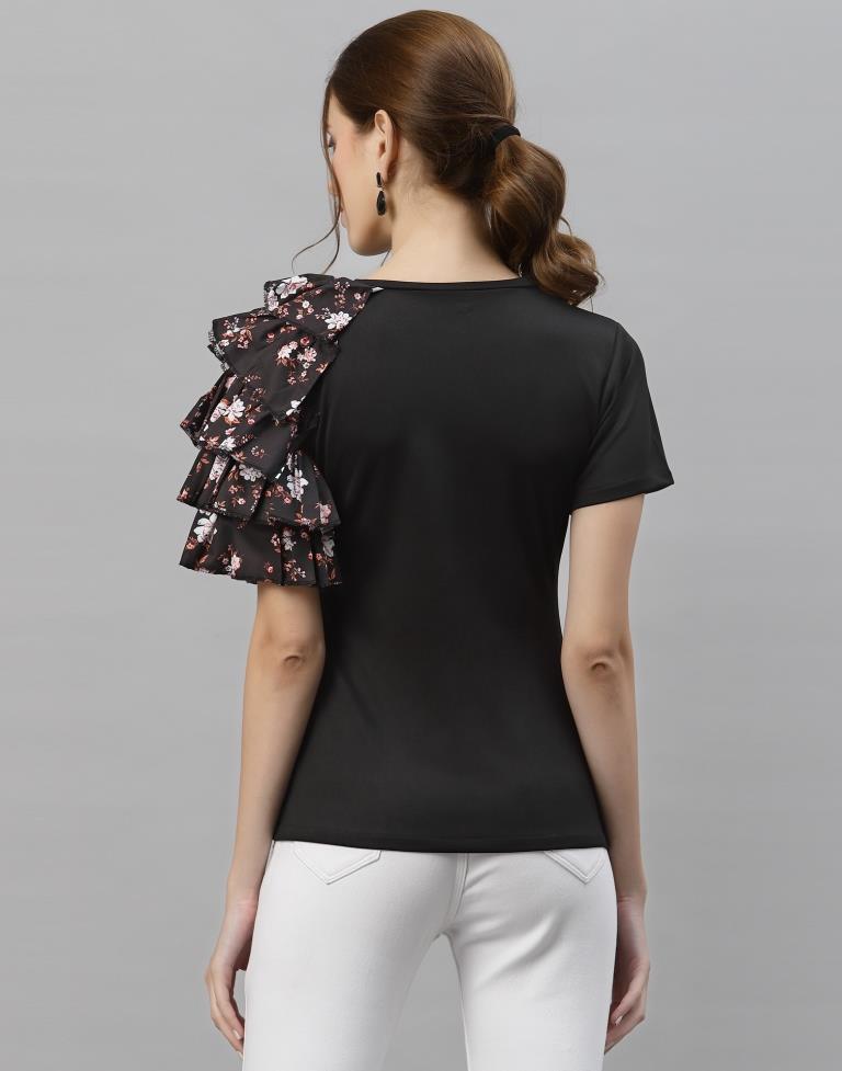 Black One Side Ruffled Sleeve Top