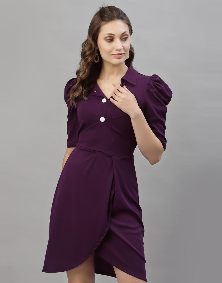 Wine Puff Sleeve Collared Dress