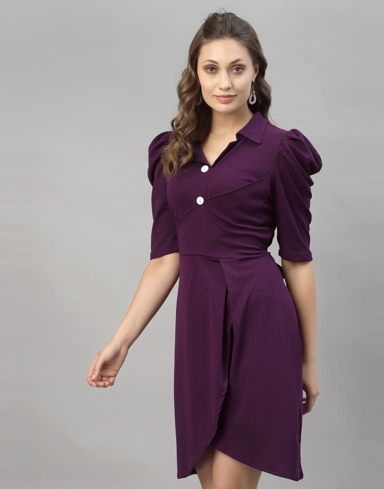 Wine Puff Sleeve Collared Dress