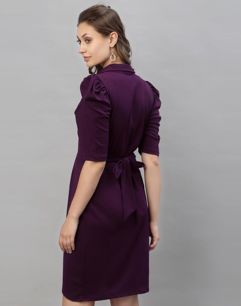 Wine Puff Sleeve Collared Dress