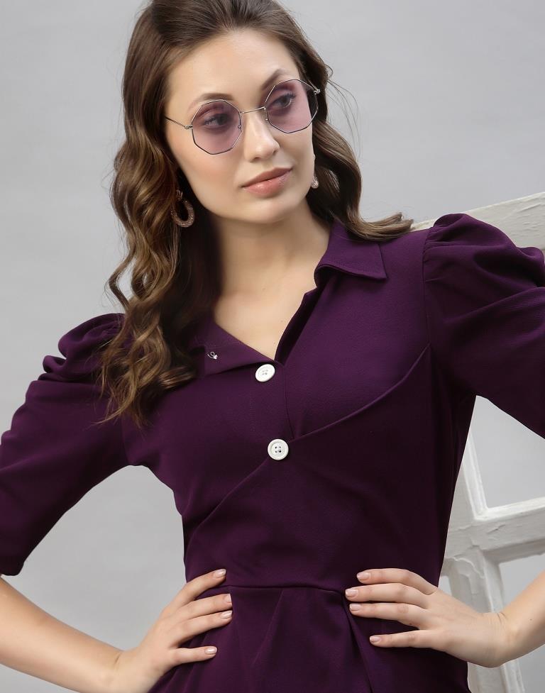Wine Puff Sleeve Collared Dress