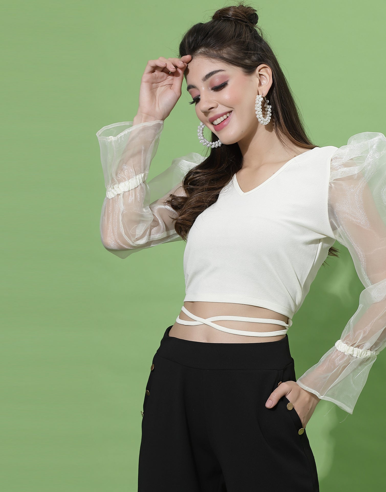White Puff Sleeve With Strap Top