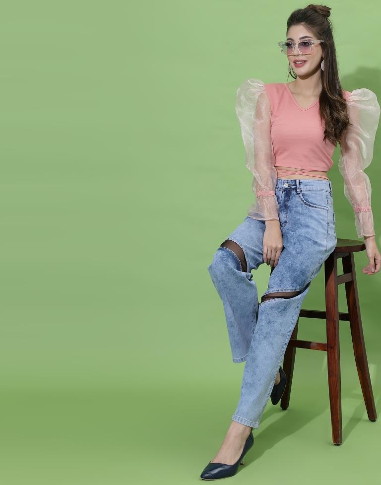 Peach Puff Sleeve With Strap Top
