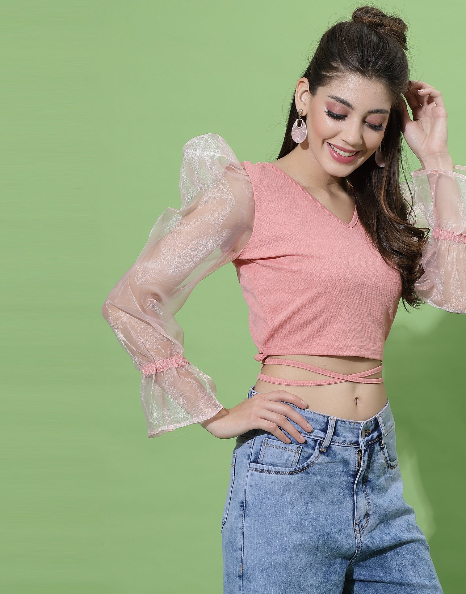 Peach Puff Sleeve With Strap Top
