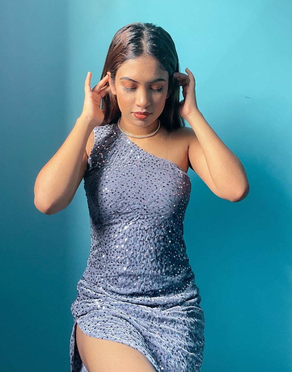 Grey One Shoulder sequin Bodycon