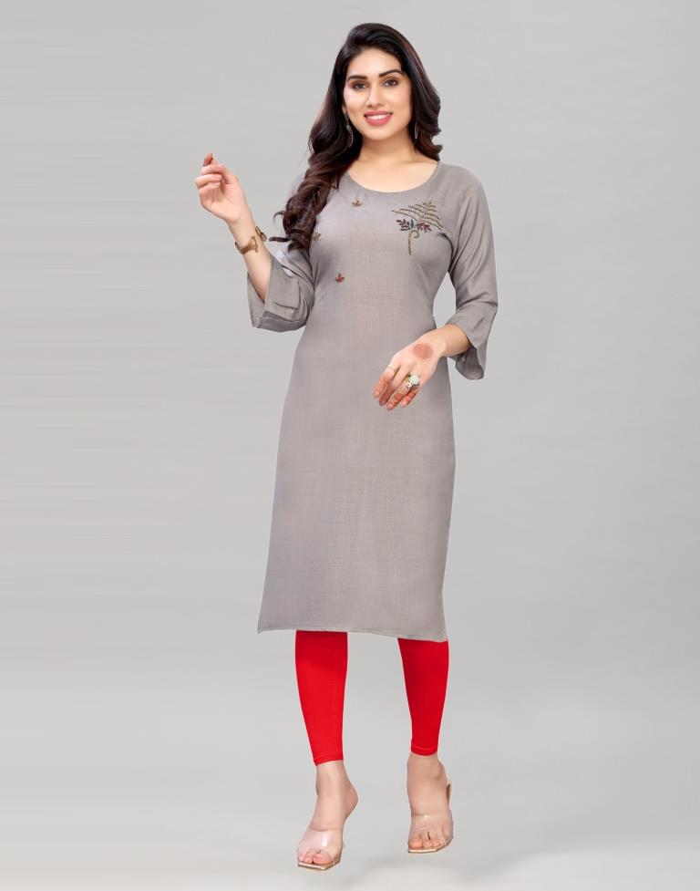 Grey Coloured Embroidered Diva Slub Kurti | SLV379K171