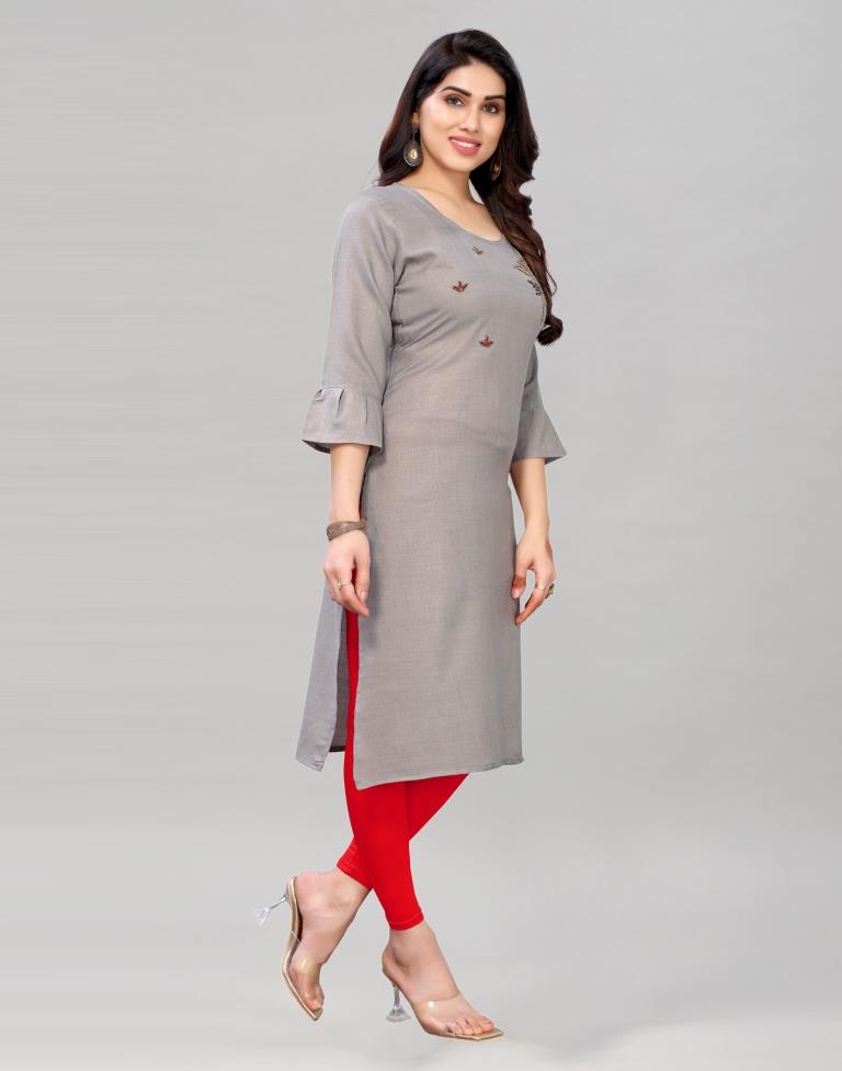 Grey Coloured Embroidered Diva Slub Kurti | SLV379K171