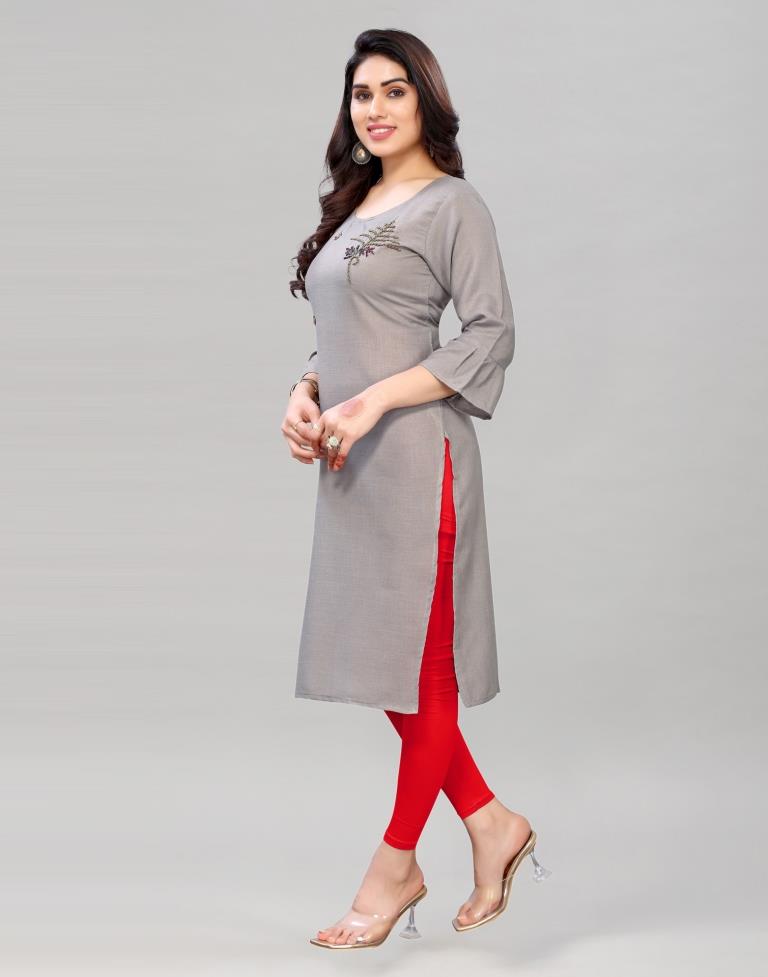 Grey Coloured Embroidered Diva Slub Kurti | SLV379K171