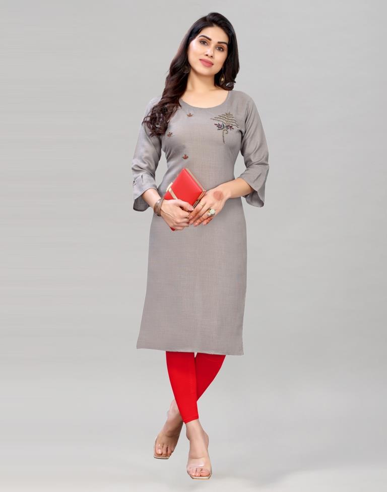 Grey Coloured Embroidered Diva Slub Kurti | SLV379K171