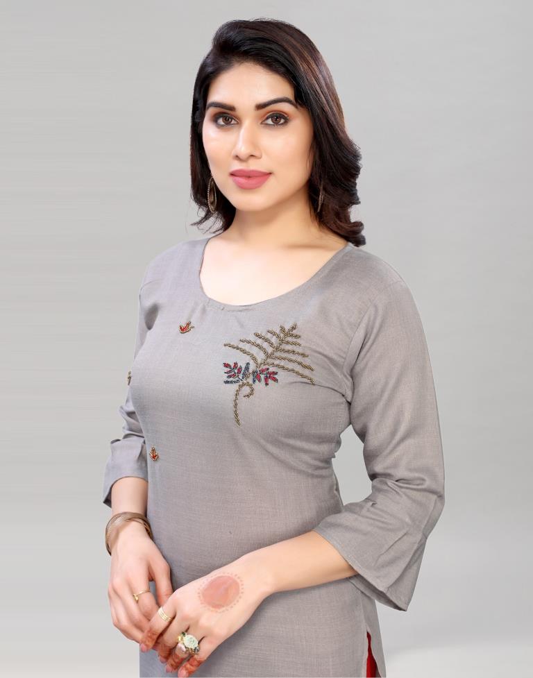 Grey Coloured Embroidered Diva Slub Kurti | SLV379K171