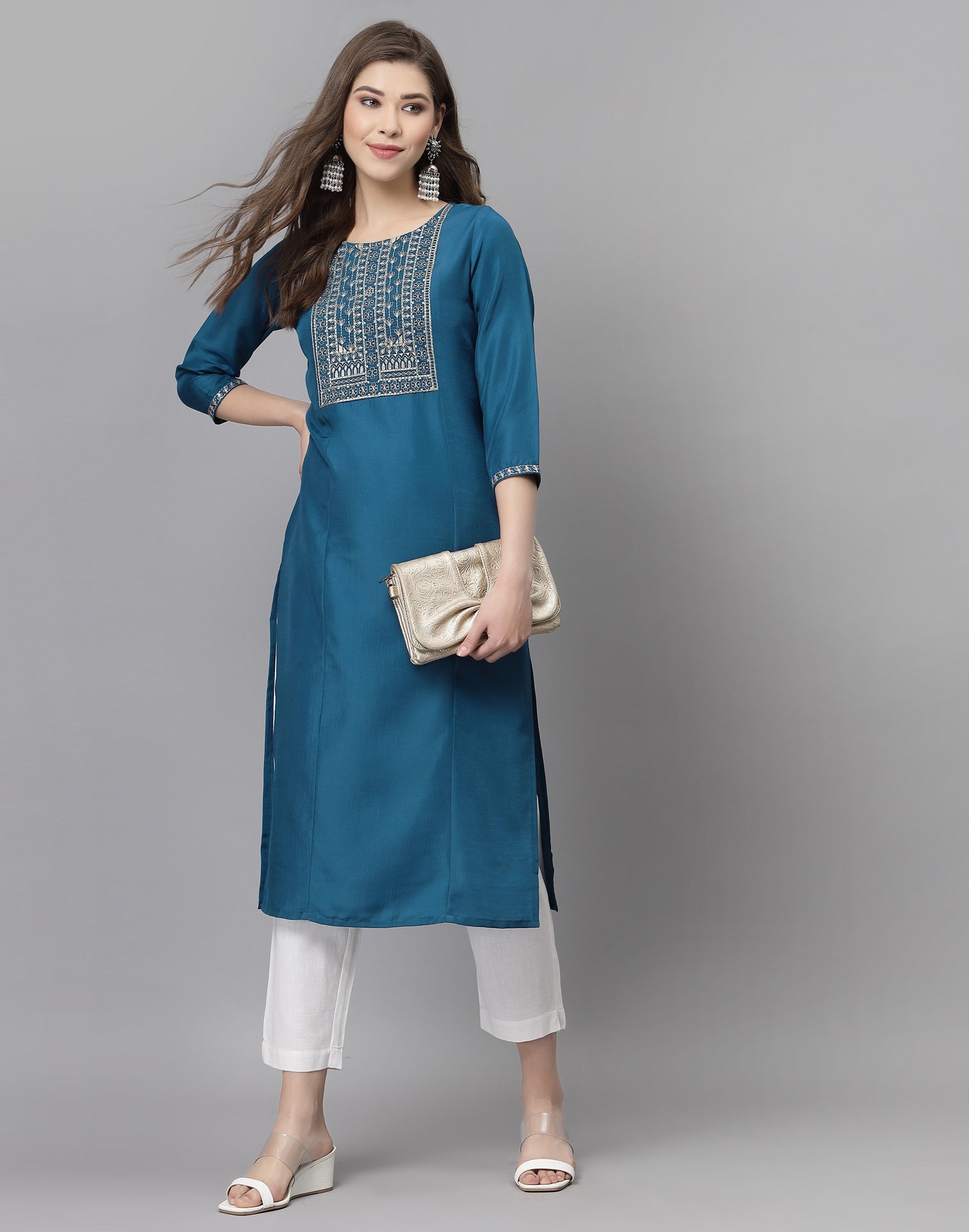 Teal Embroidered Kurti