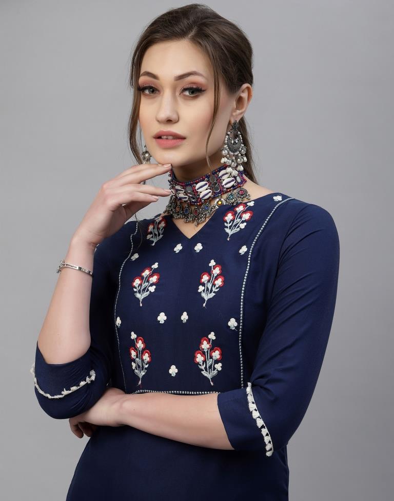 Navy Blue Embroidered Kurti