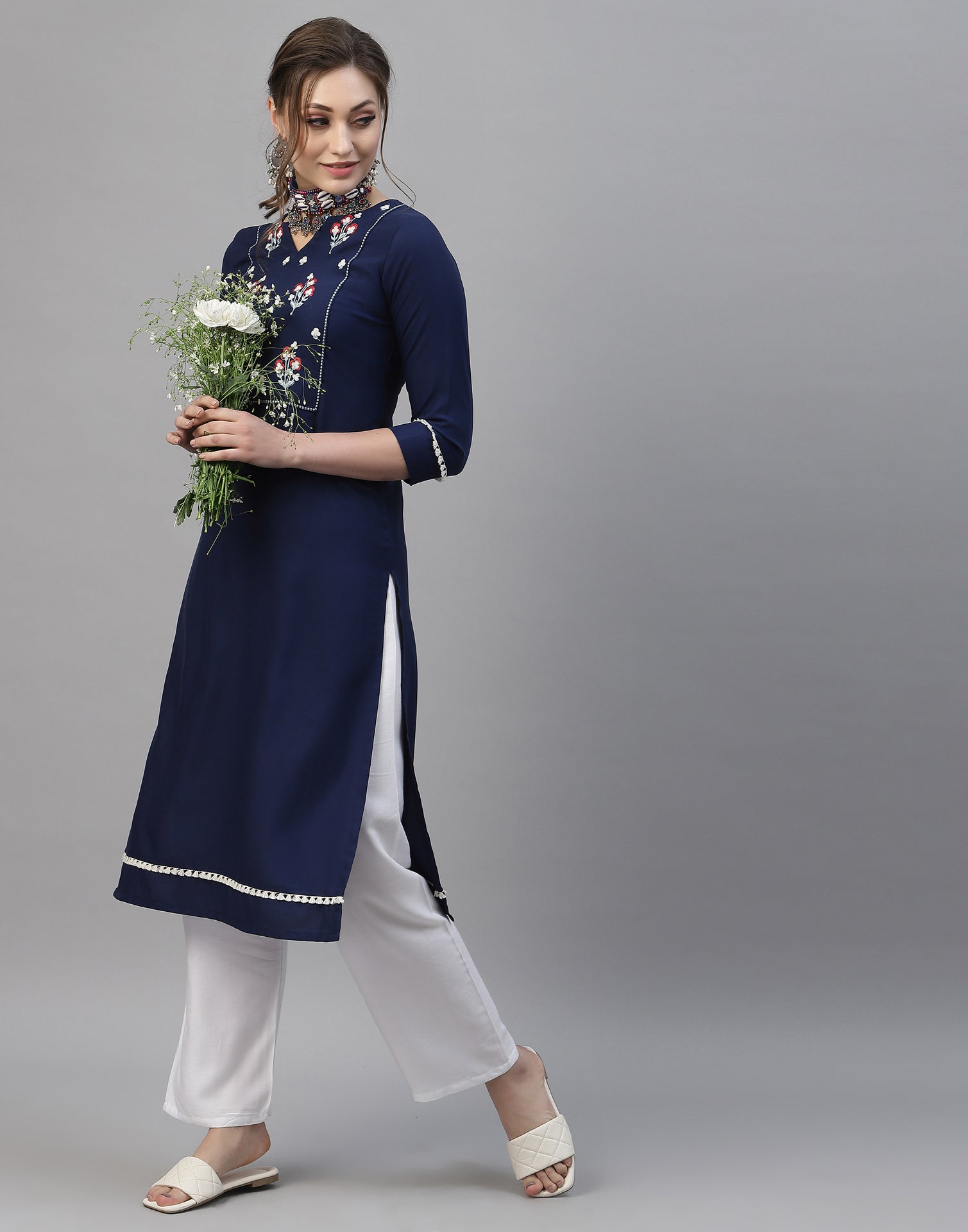Navy Blue Embroidered Kurti