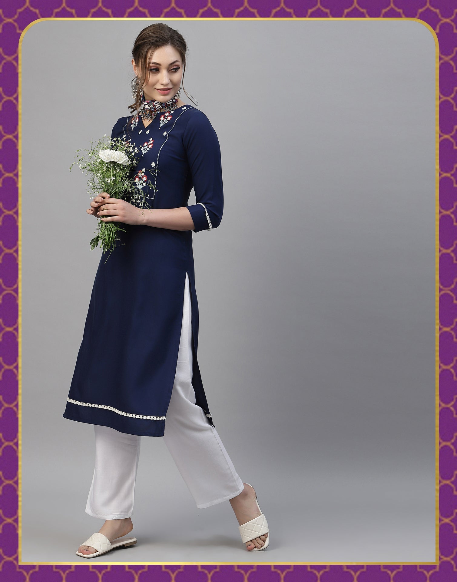 Navy Blue Embroidered Kurti