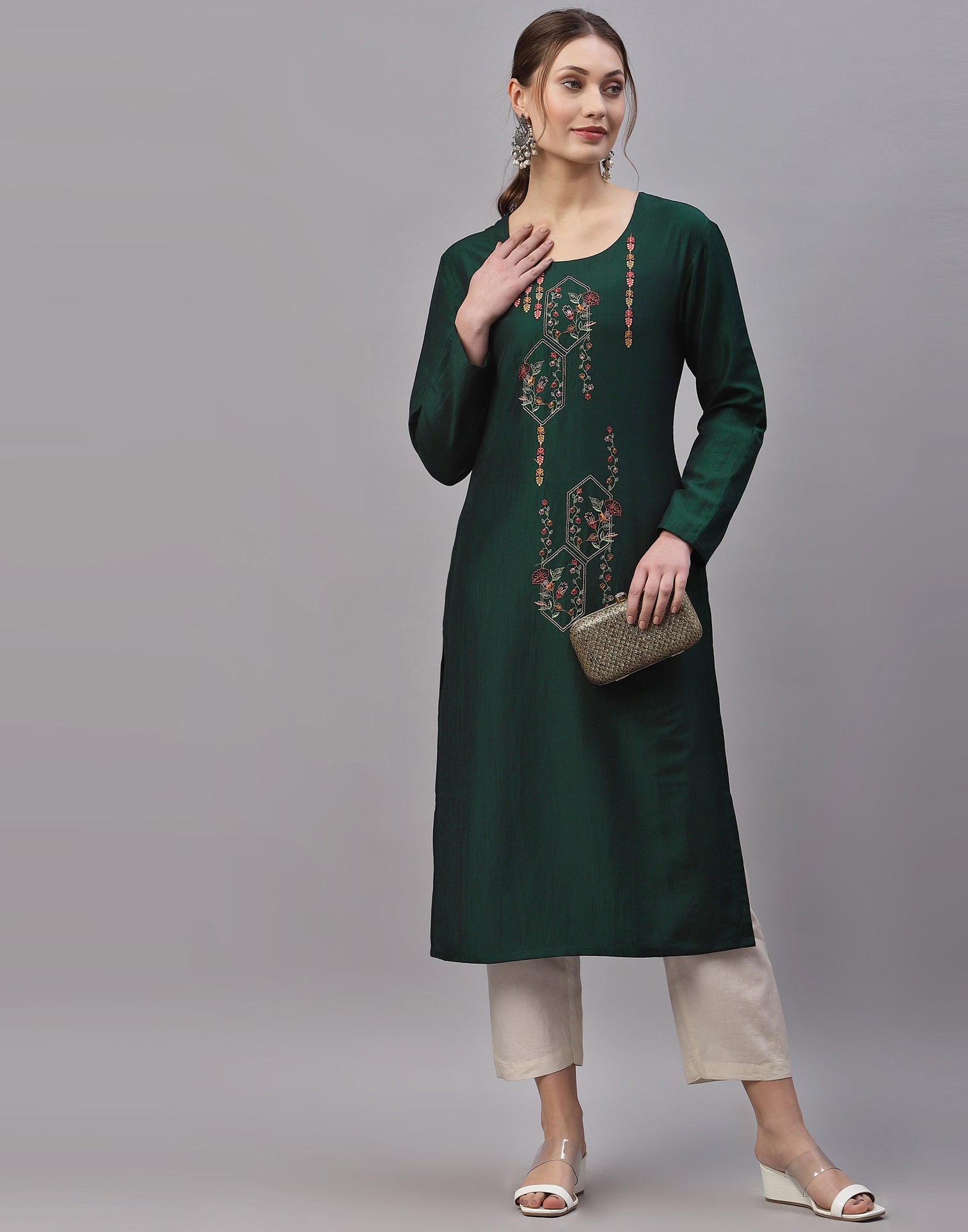 Dark Green Embroidered Kurti