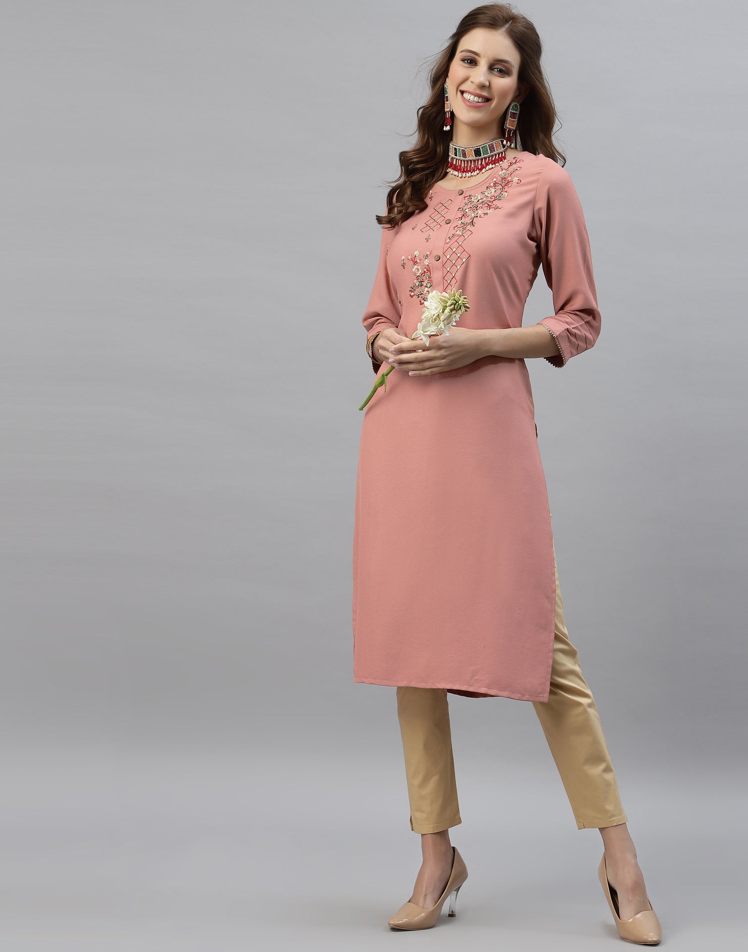 Badami Pink Embroidered Kurti