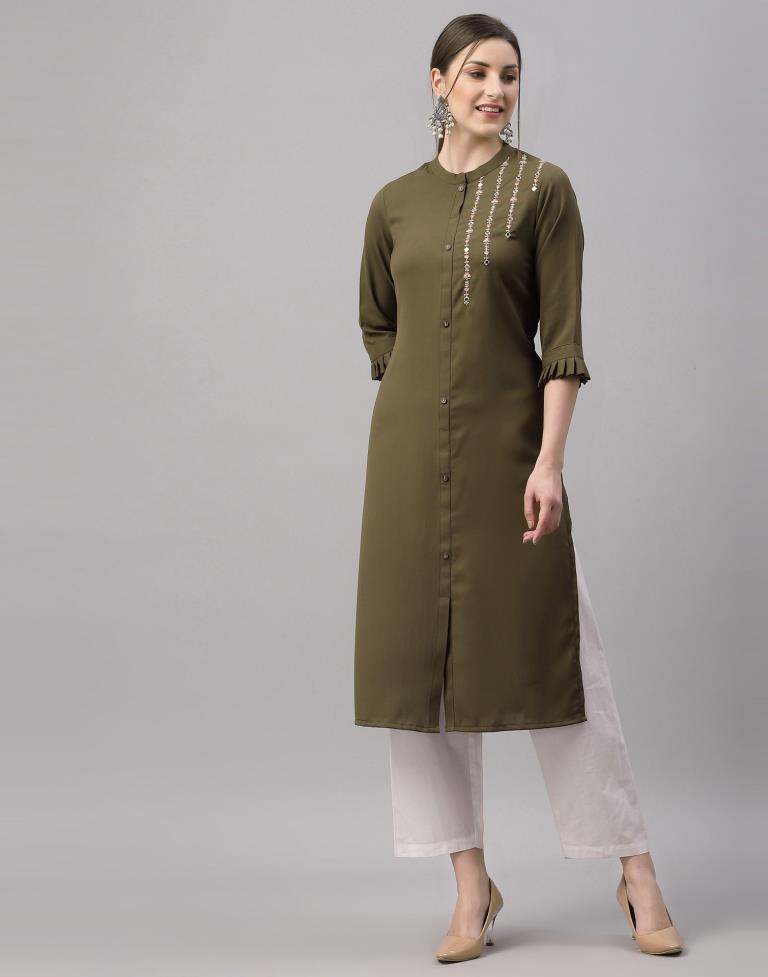 Olive Green Embroidered Kurti