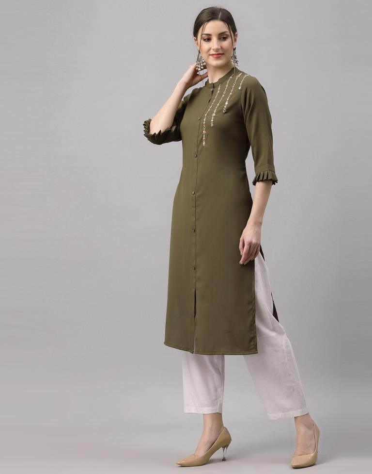 Olive Green Embroidered Kurti