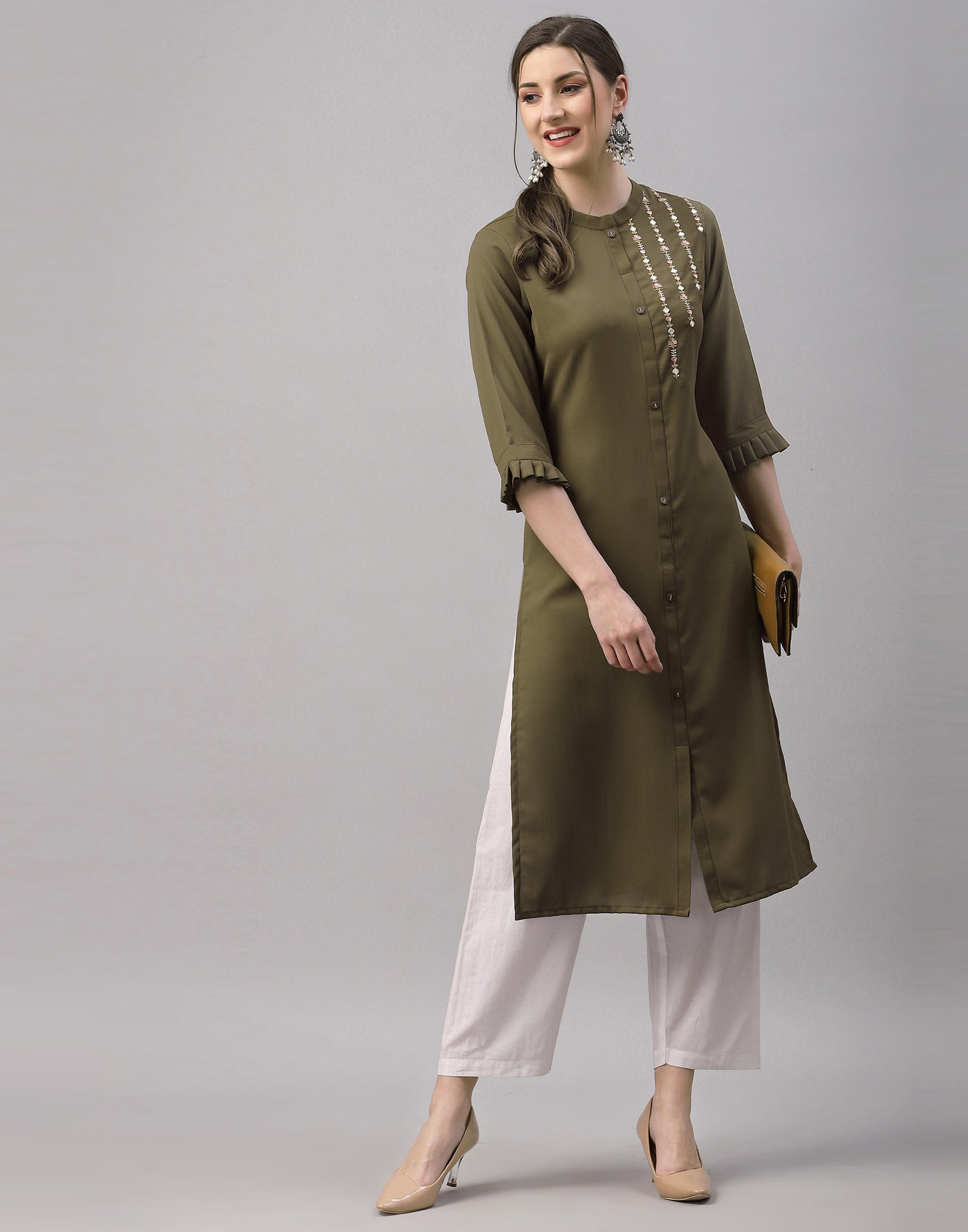 Olive Green Embroidered Kurti