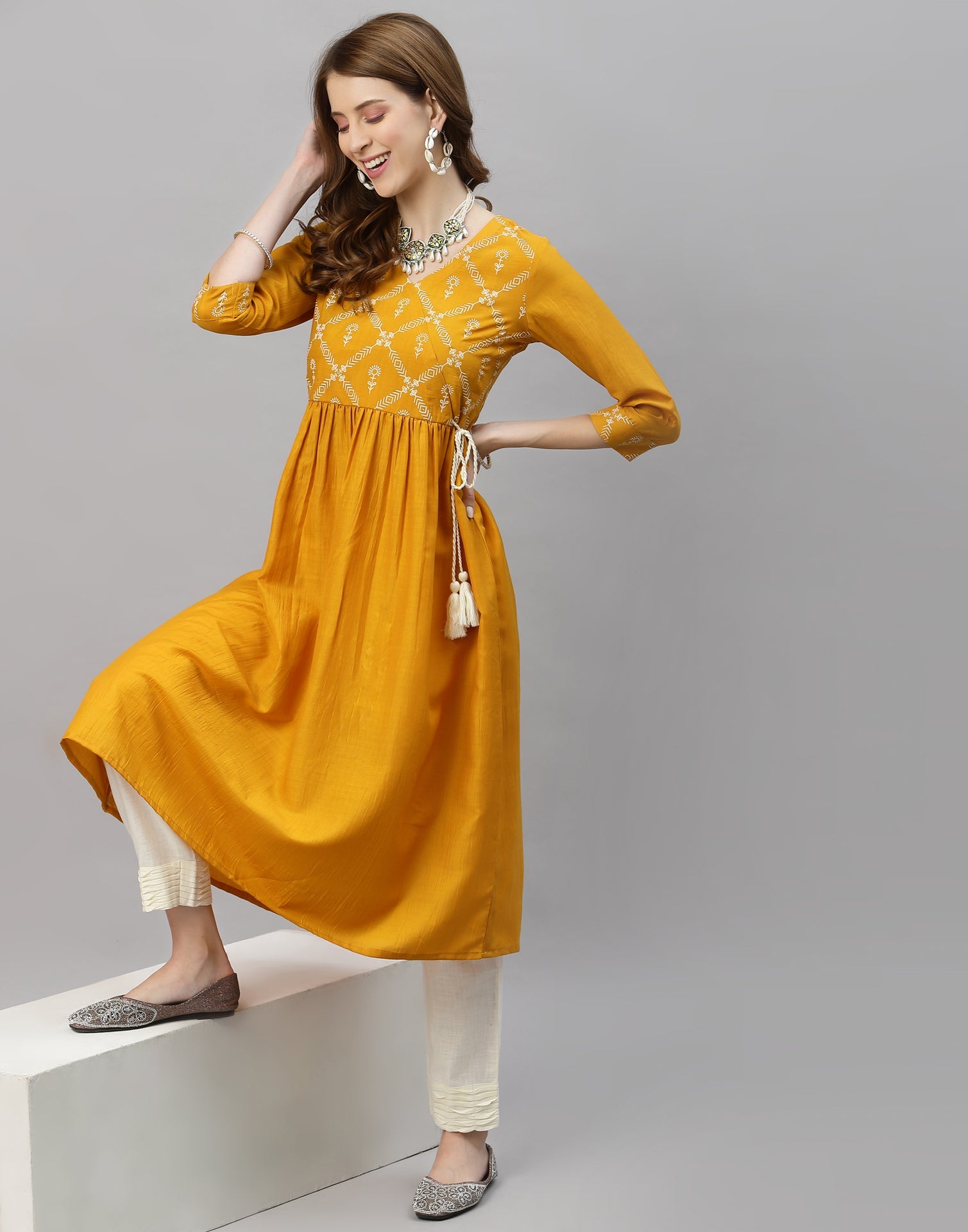 Mustard Yellow Printed Kurti