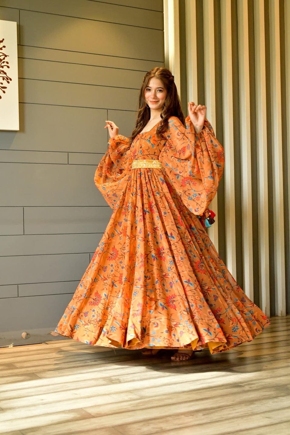 Orange Printed Georgette Ethnic Dress