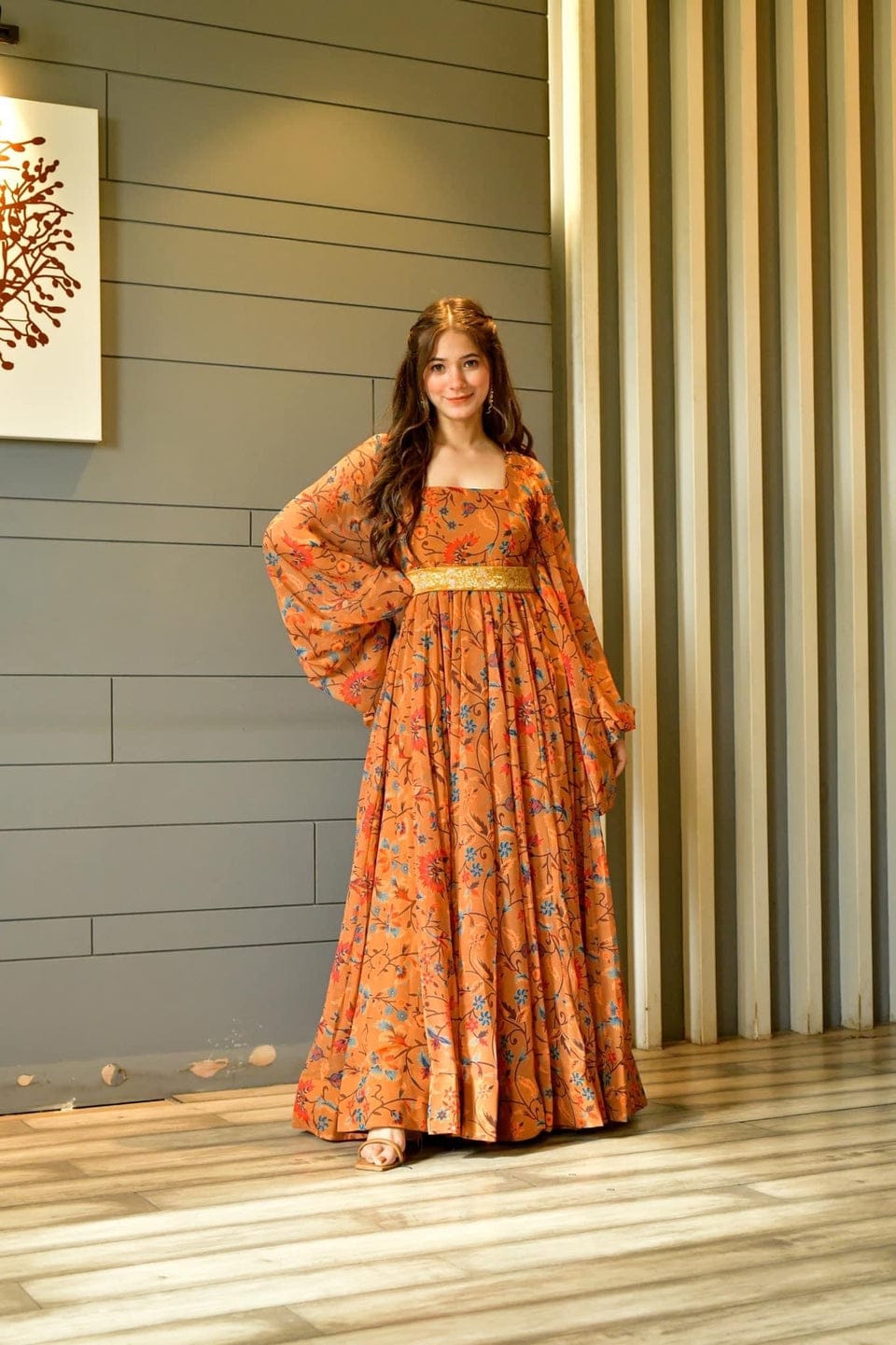 Orange Printed Georgette Ethnic Dress