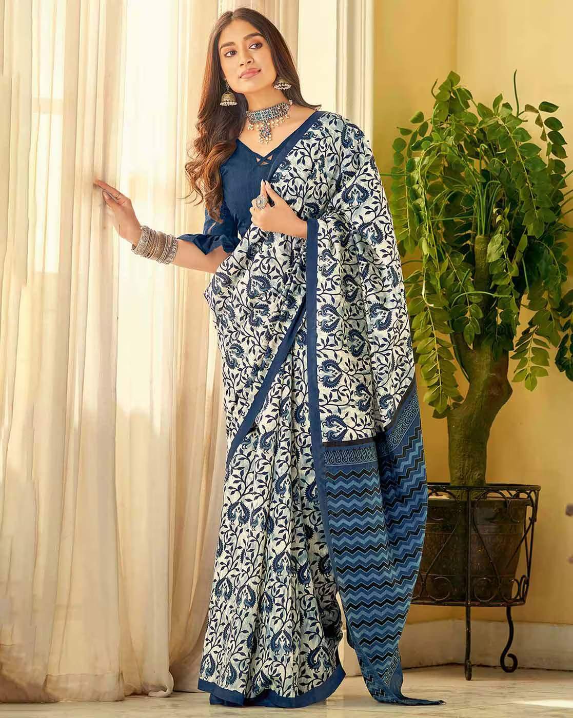 White Silk Printed Sarees