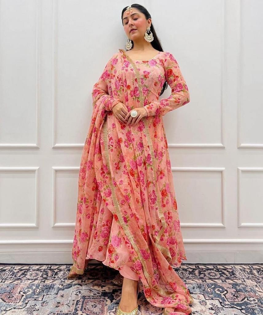Peach Printed Georgette Flared Kurta With Dupatta