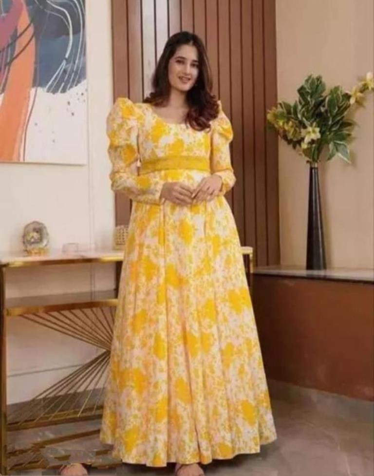 Yellow White Printed Georgette Ethnic Dress