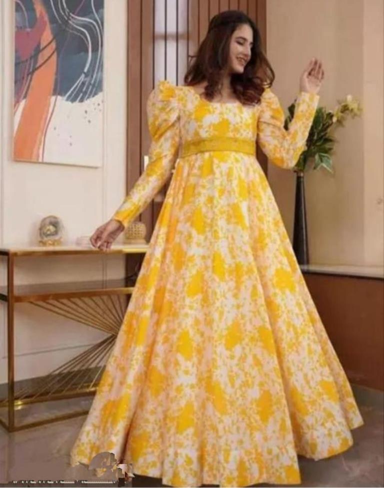Yellow White Printed Georgette Ethnic Dress