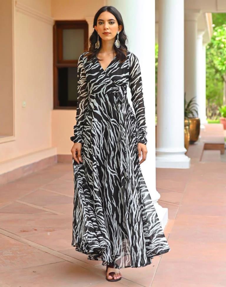 Black White Printed Georgette Ethnic Dress