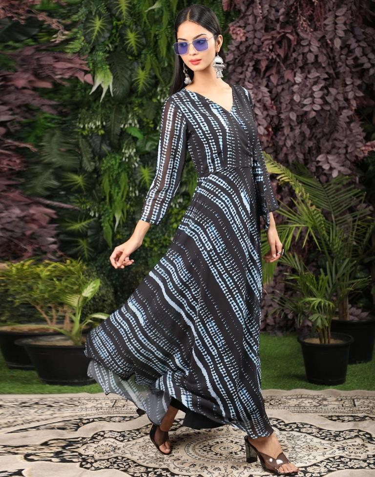 Black White Printed Georgette Ethnic Dress
