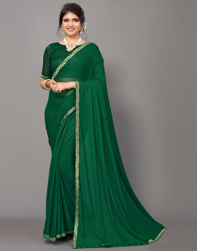 Bottle Green Plain Lycra Saree