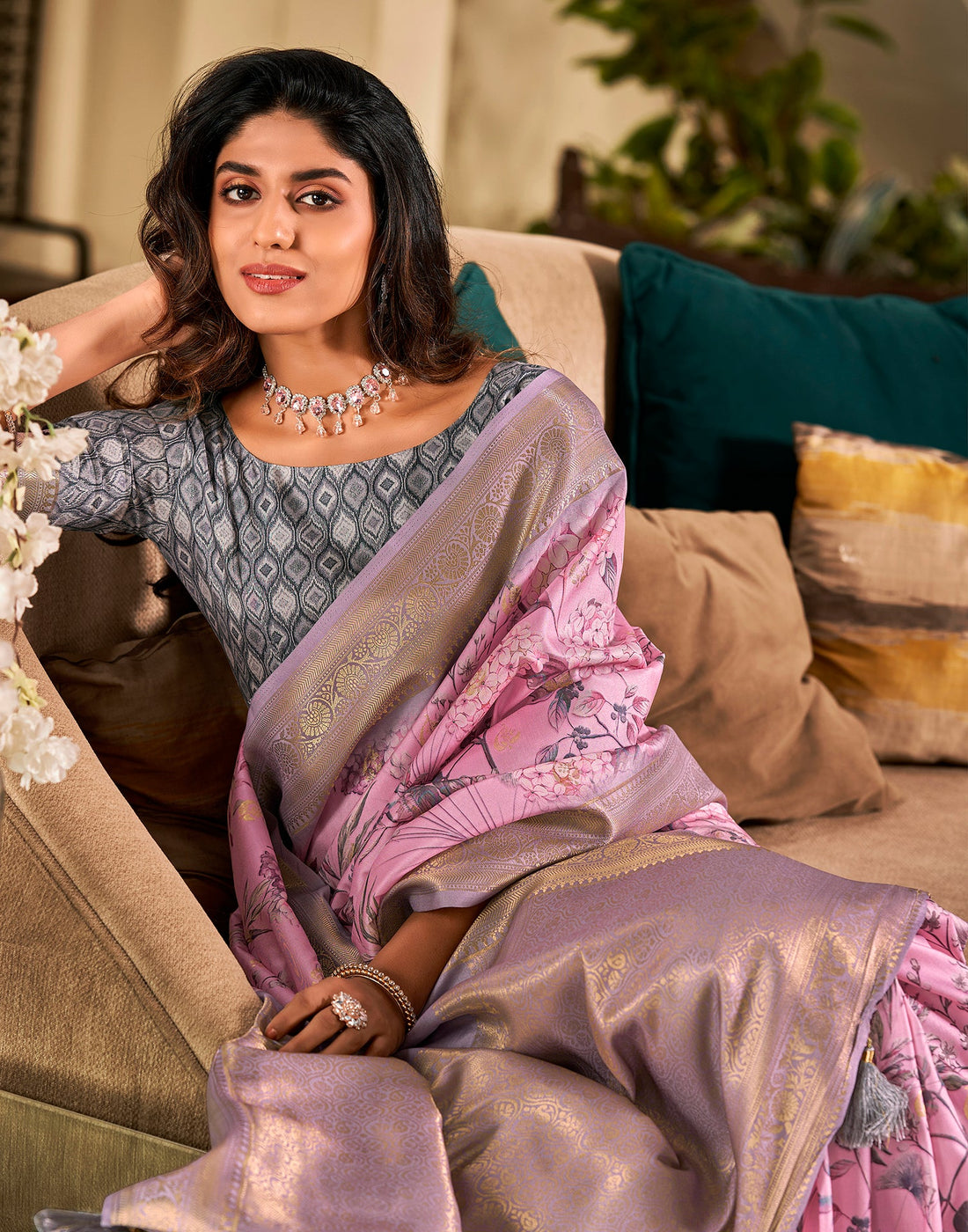 Pink Weaving Silk Printed Saree