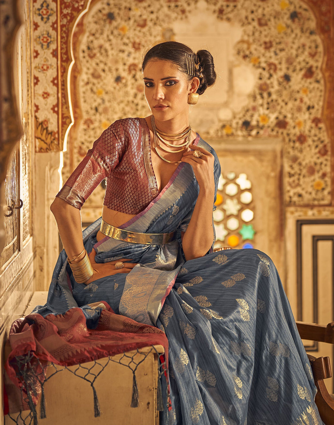 Grey Weaving Silk Banarasi Saree