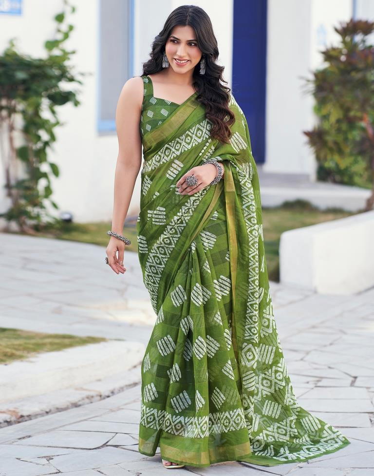 Olive Green Printed Cotton Saree