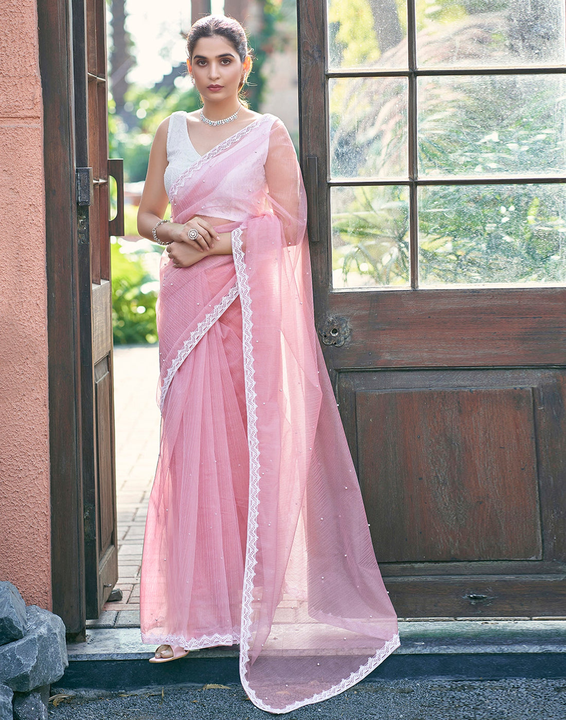 Pink Net Plain Saree