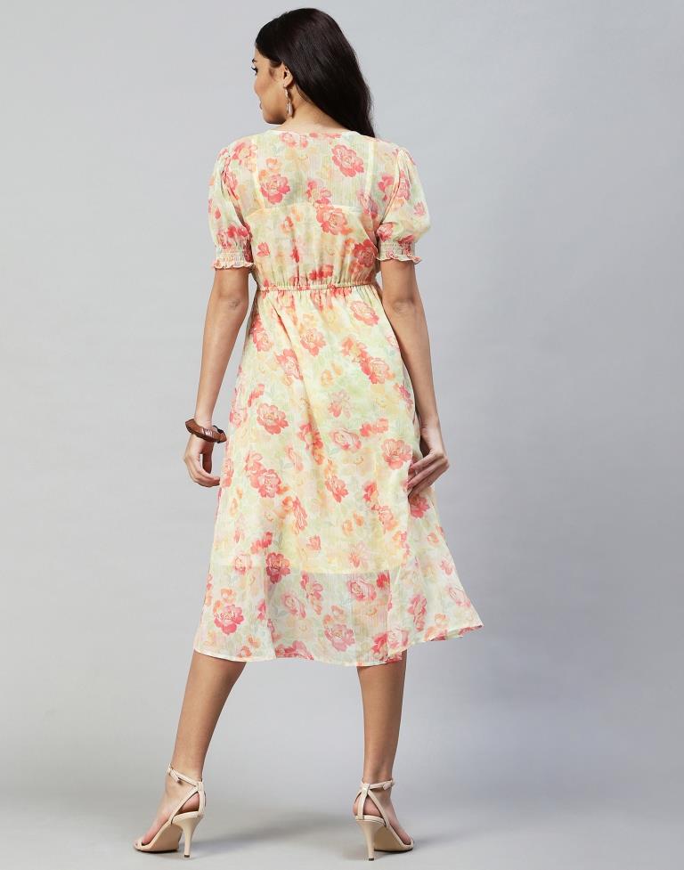 Pastel Yellow Printed Chiffon Flared Dress