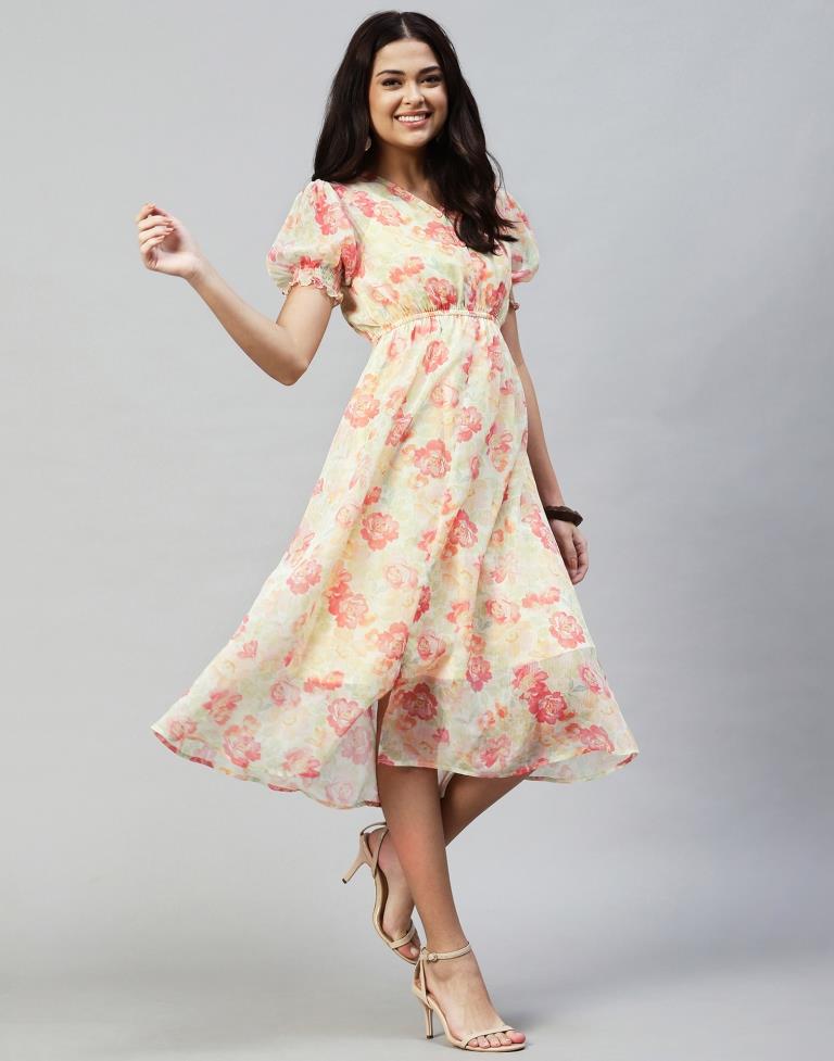 Pastel Yellow Printed Chiffon Flared Dress