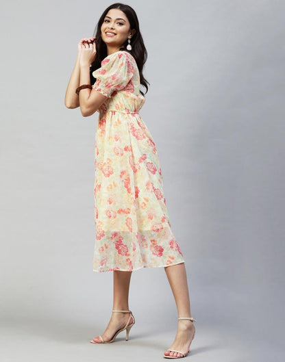 Pastel Yellow Printed Chiffon Flared Dress