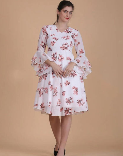 White Printed Georgette Flared Dress
